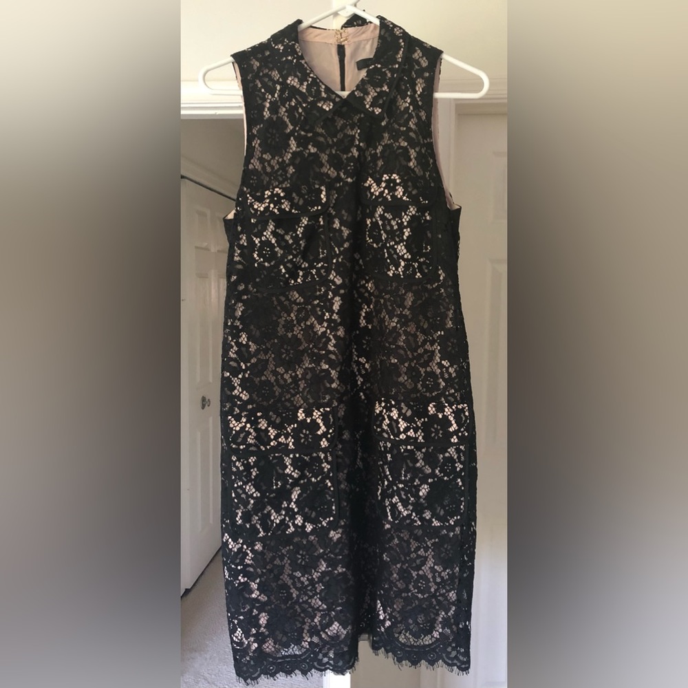 Jcrew dress size 8 black lace midi with Peter Pan collar and pockets! Adorable!